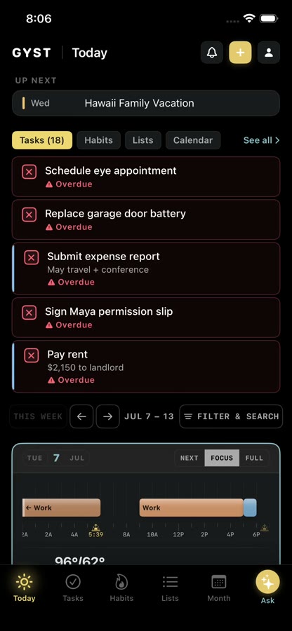 The GYST Today screen on iPhone, a week of overdue tasks about to be handled.