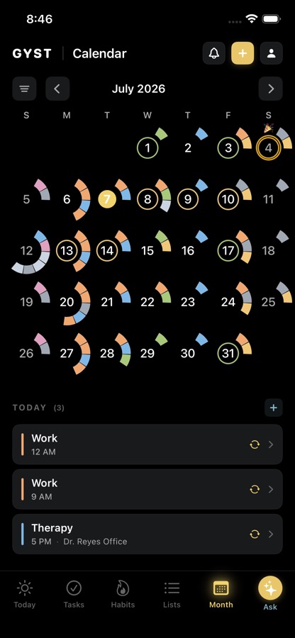 GYST month view on iPhone, each day drawn as a ring of colored arcs showing its load.