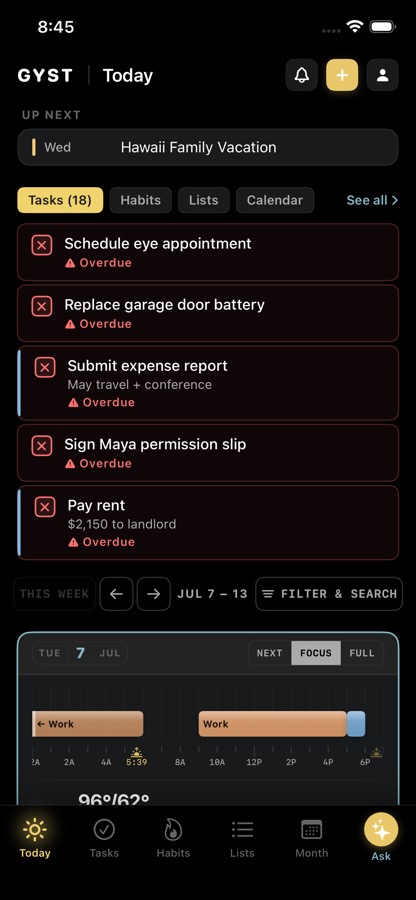 GYST Today screen on iPhone showing five overdue tasks, each with a red mark, above the week timeline.