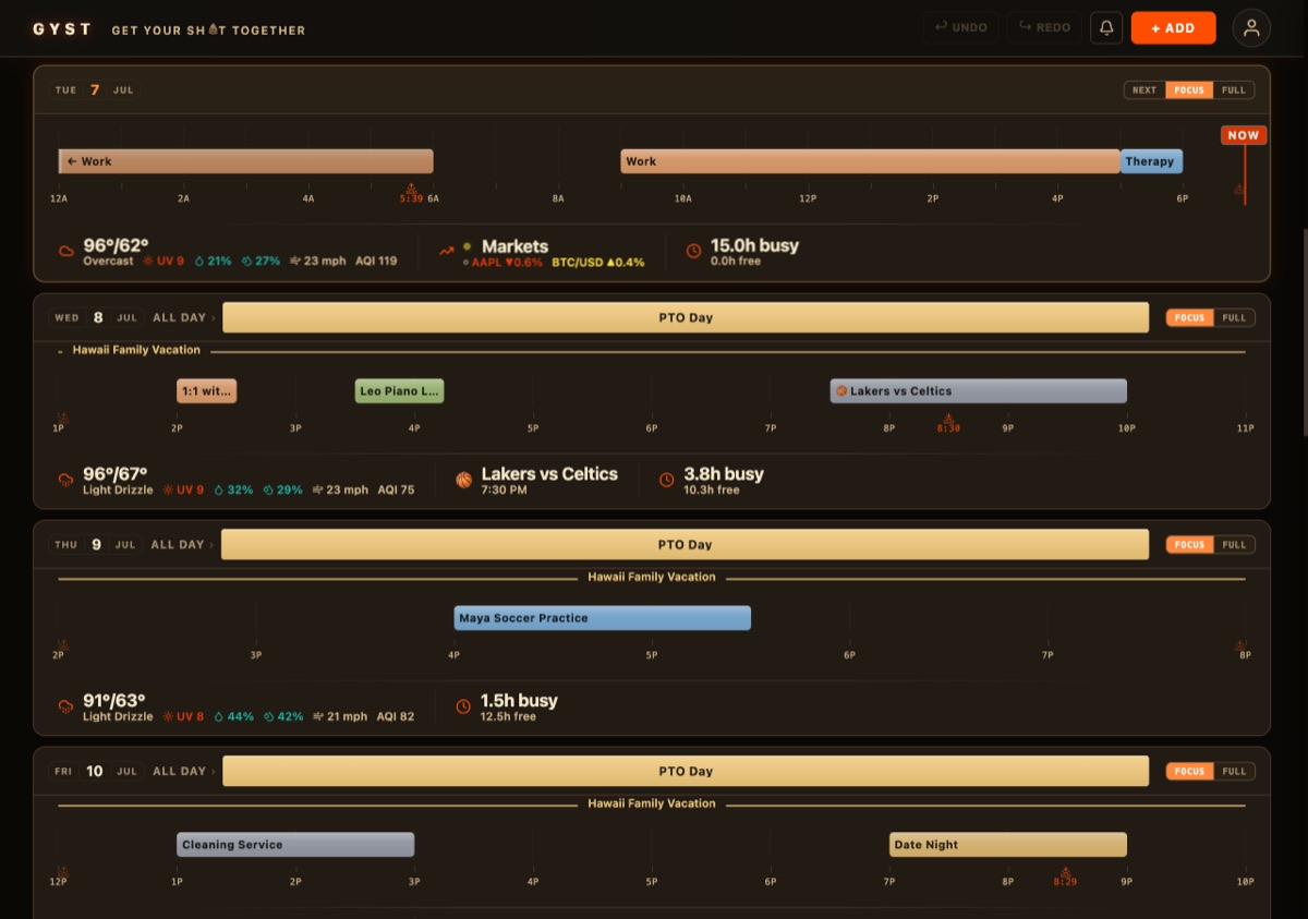 The same week in the Molten Core theme — orange on deep brown.