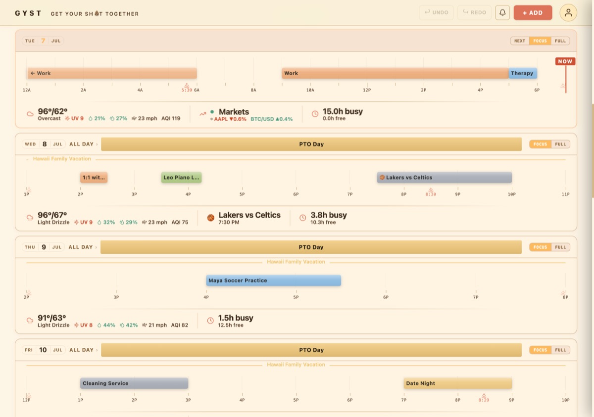 The same week in the Solar Dunes light theme — terracotta on warm cream.