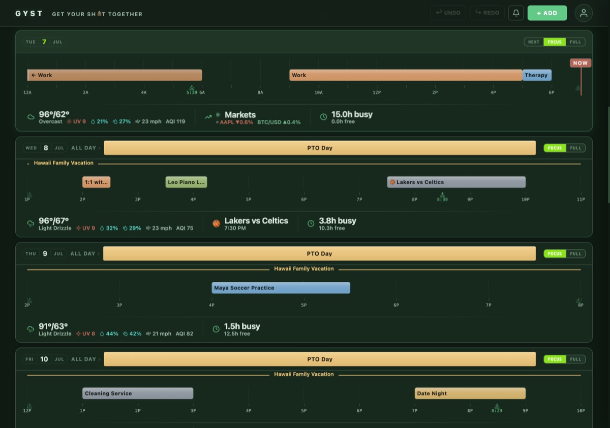 The same week in the Verdant Canopy theme — green on forest black.